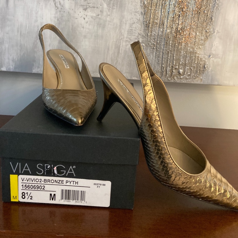 Bronzy Gold Faux Python Sling Backs